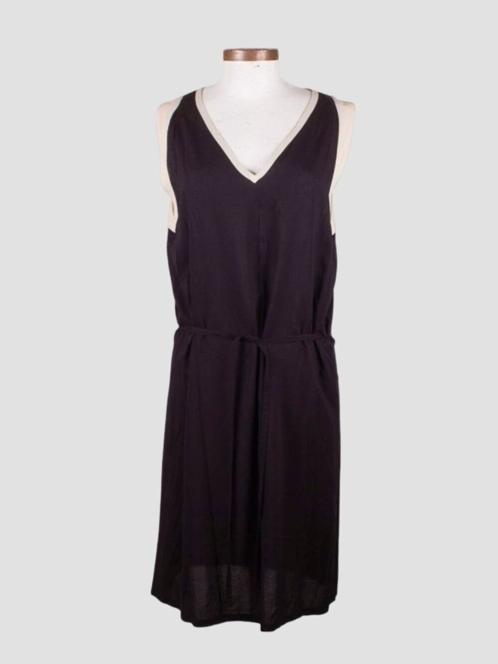 ANN DEMEULEMEESTER Black Rayon White Silk Trim Waist Tie Sleeveless Dress